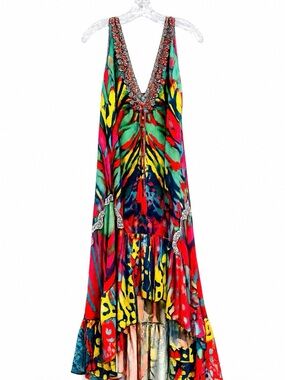Multicolor V-Neck Maxi Dress with Embellished Trim